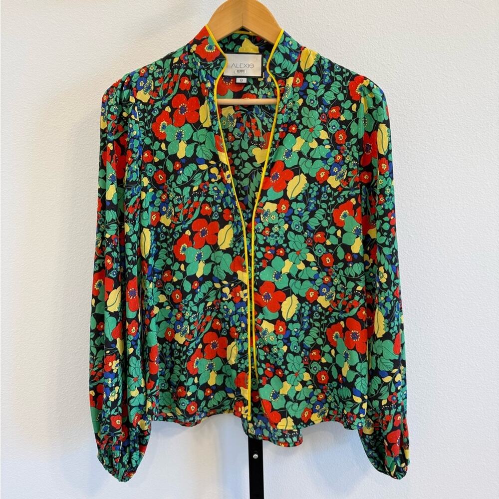 Alexis Red and Green Floral Long Sleeve Blouse Mandarin Collar Small Office